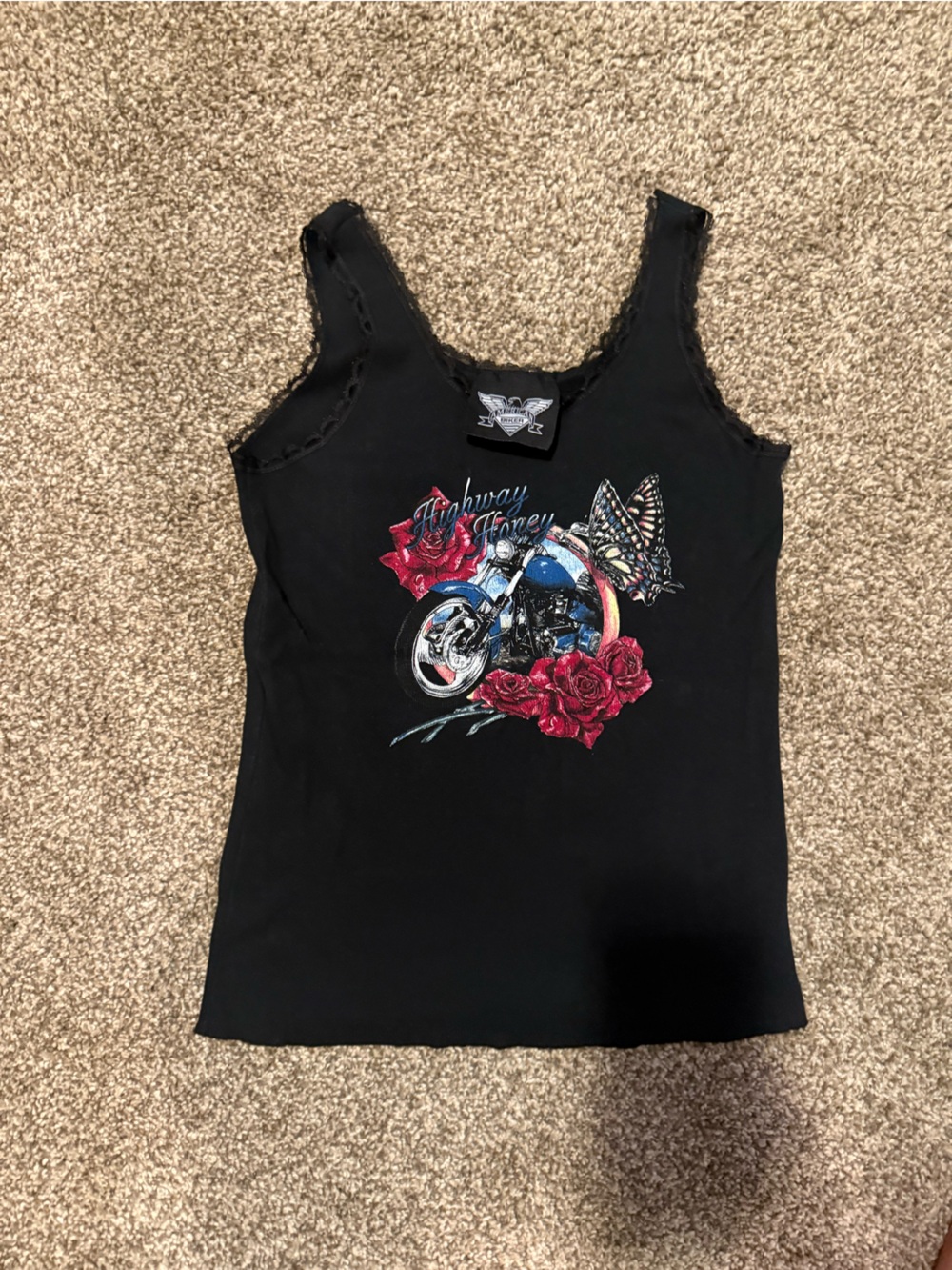 American BikerBlack Tank Top with Red Rose & Motorcycle Graphic